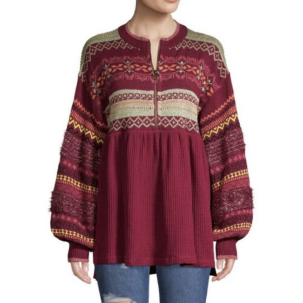 NEW Free People Fair Isle Cozy Cottage Sweater M Pullover Tunic Bell Sleeves Top - Picture 2 of 16